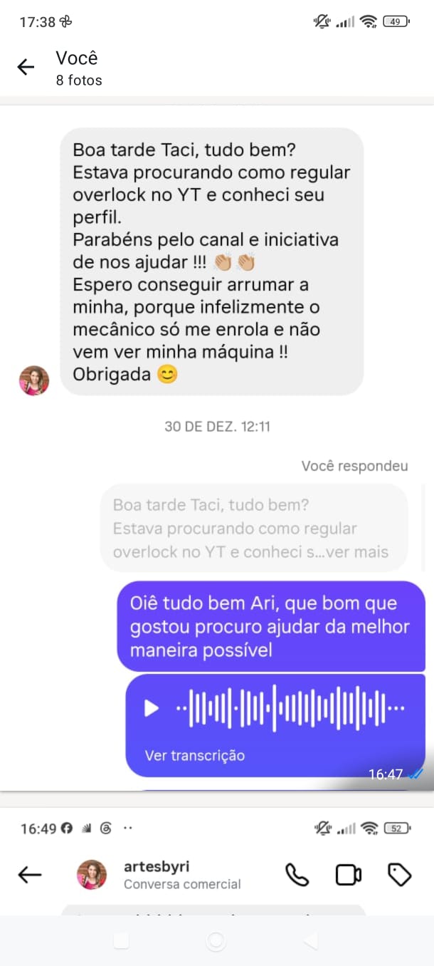 Print de mensagem no Instagram: seguidora parabeniza a Taciana pela iniciativa de ensinar a regular máquinas