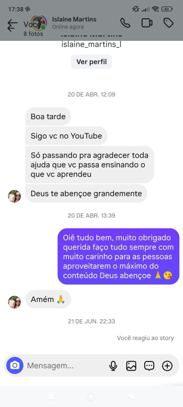 Print de mensagem no Instagram: seguidora agradece a Taciana pelo conteúdo que ensina no YouTube