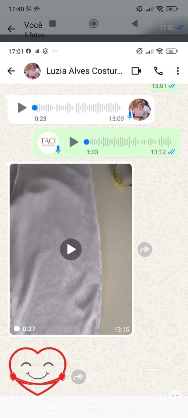 Print de conversa no WhatsApp: Taciana envia áudio e vídeo explicando o ajuste, e a costureira responde agradecendo com um coração