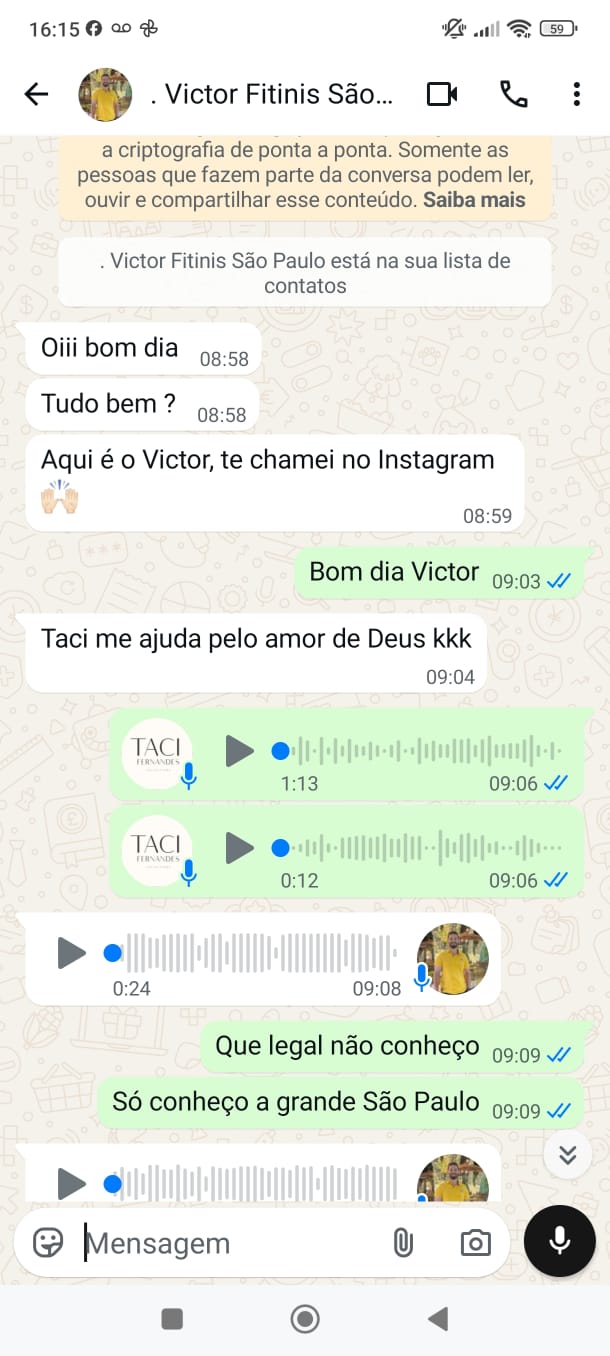 Print de conversa no WhatsApp: seguidor pede ajuda para a Taciana sobre ajuste de máquina