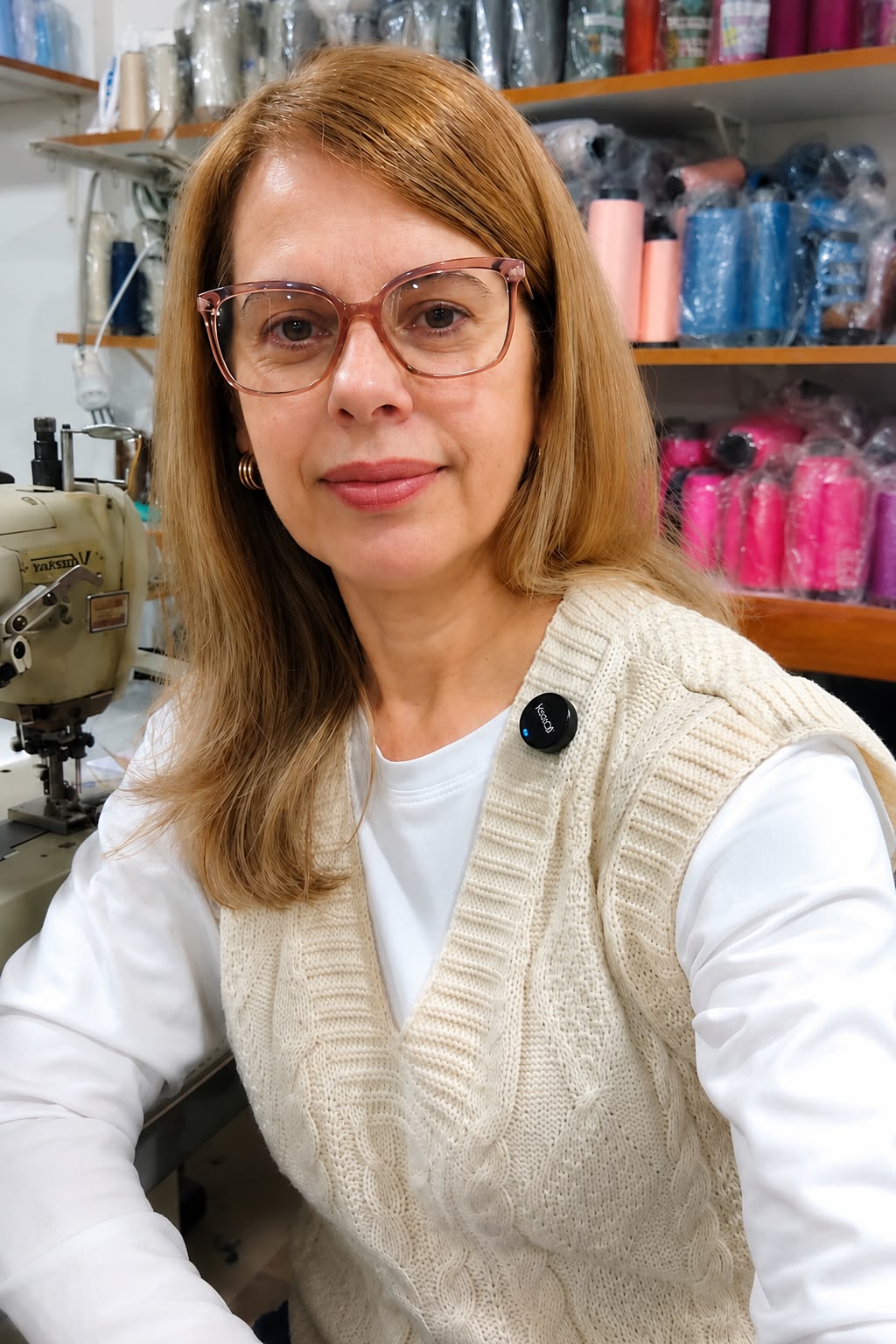 Taciana Fernandes na sua oficina de costura, ao lado da máquina e dos cones de linha